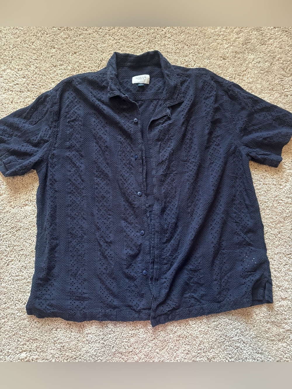 AMERICAN EAGLE Navy Blue Cotton Eyelet Embroidered Camp Shirt | Size L